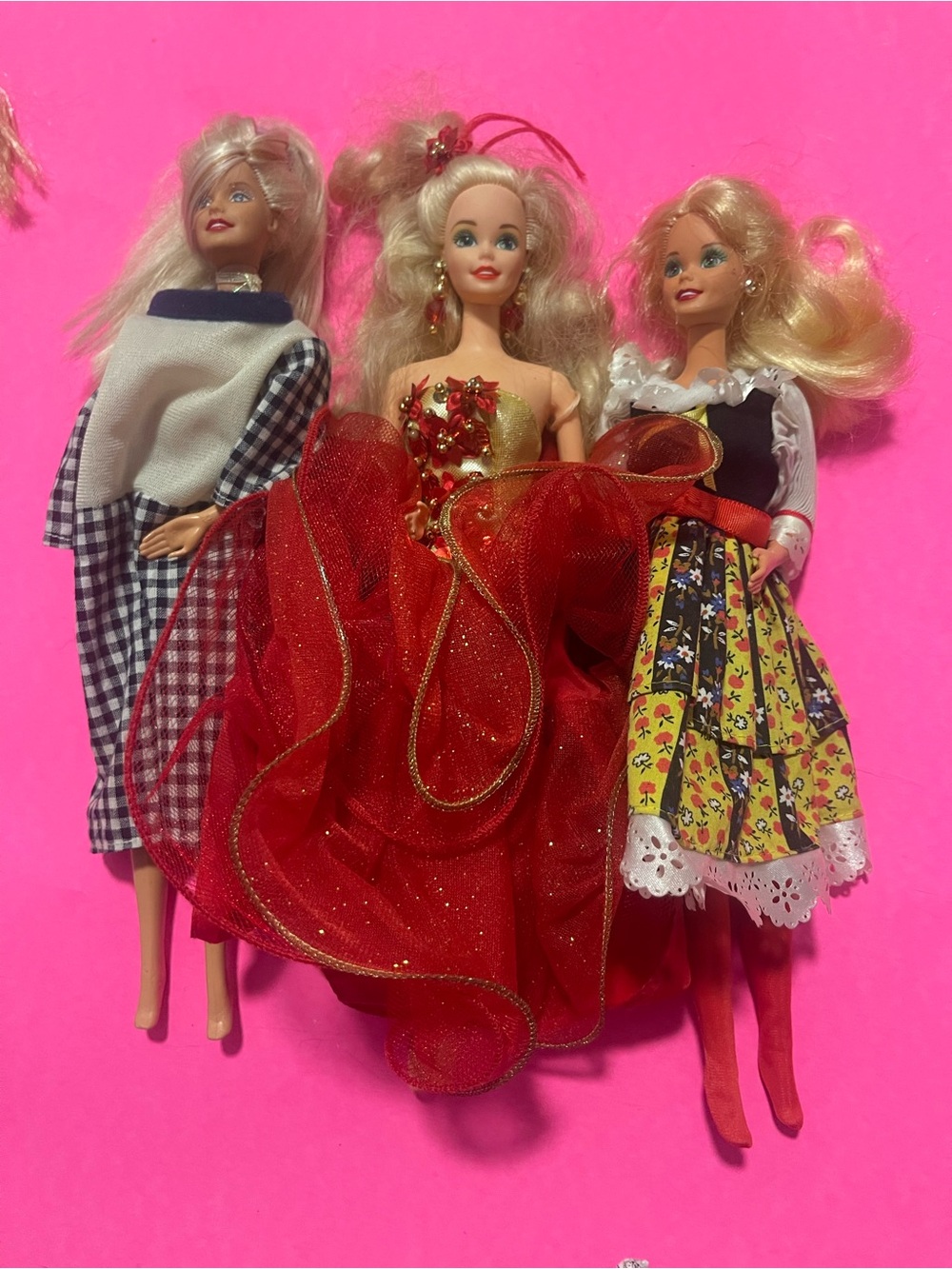 Vintage Style Barbie Dolls Trio - Red, Black, Yellow Dresses